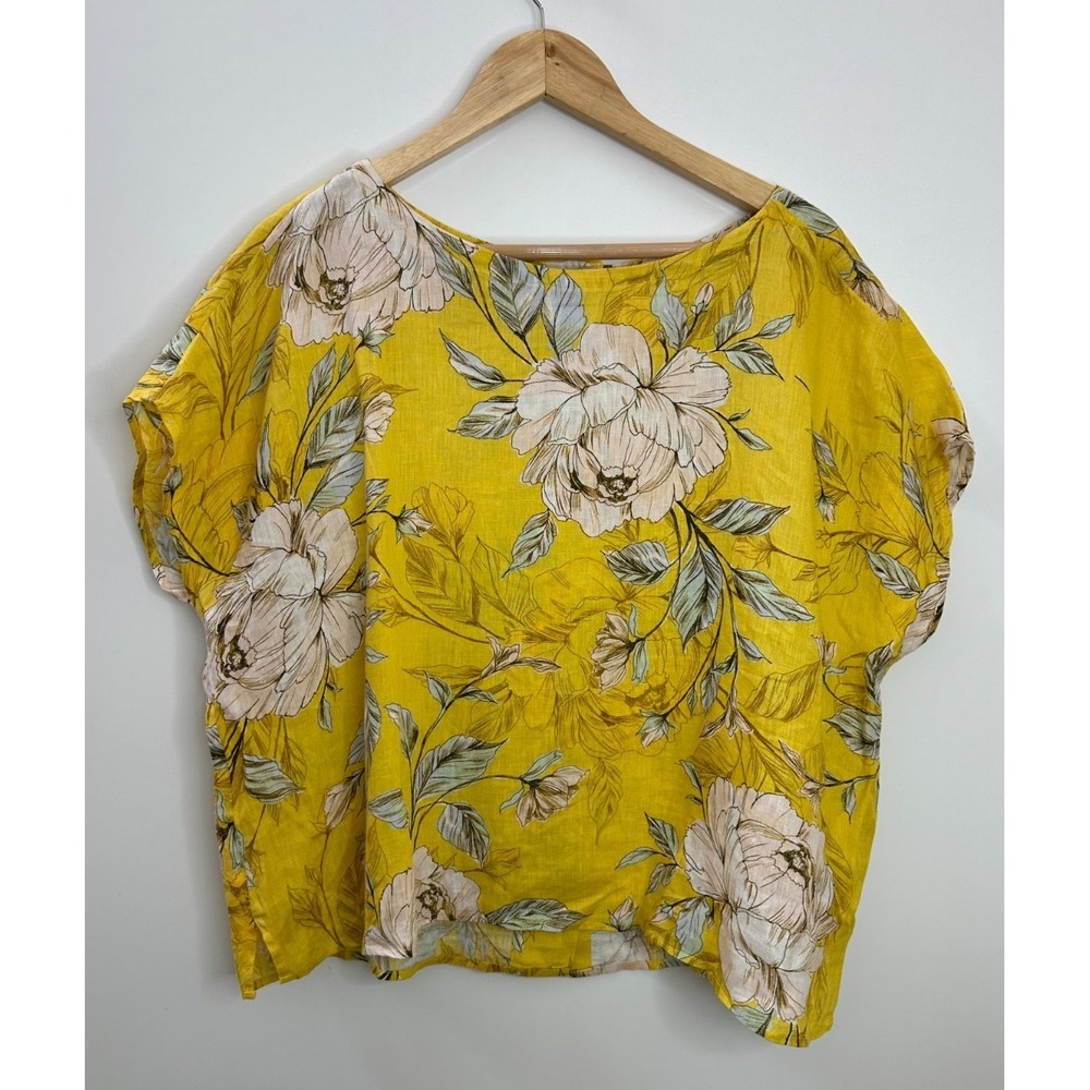 Nicole Miller 100% Linen Yellow Floral Button Back Boxy Top Large Lagonlook - Picture 12 of 12